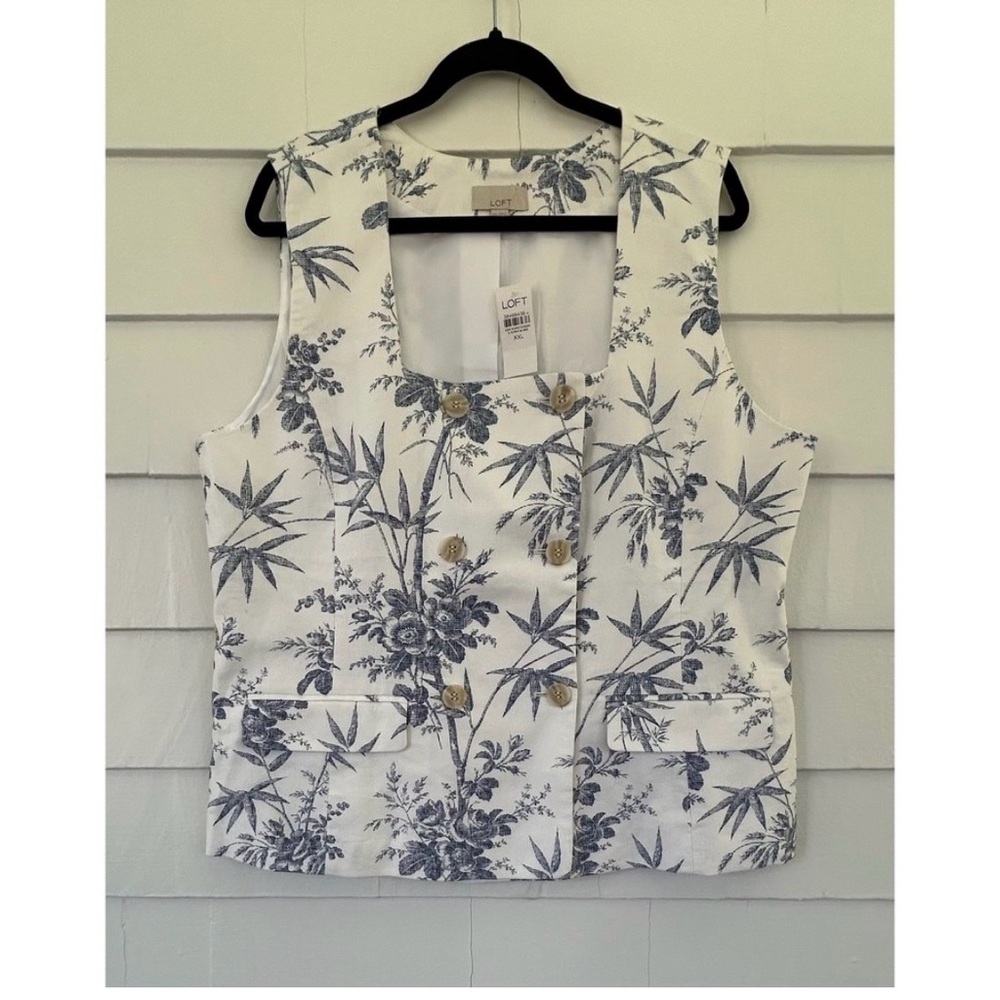 LOFT Toile Floral Linen Cotton Double Breasted Vest Blue White NWT: size large